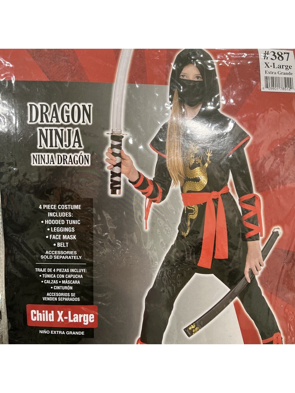 Dragon Ninja Girl Halloween Costume, XL 14-16.   4pc: Tunic, Pants, Mask, Belt